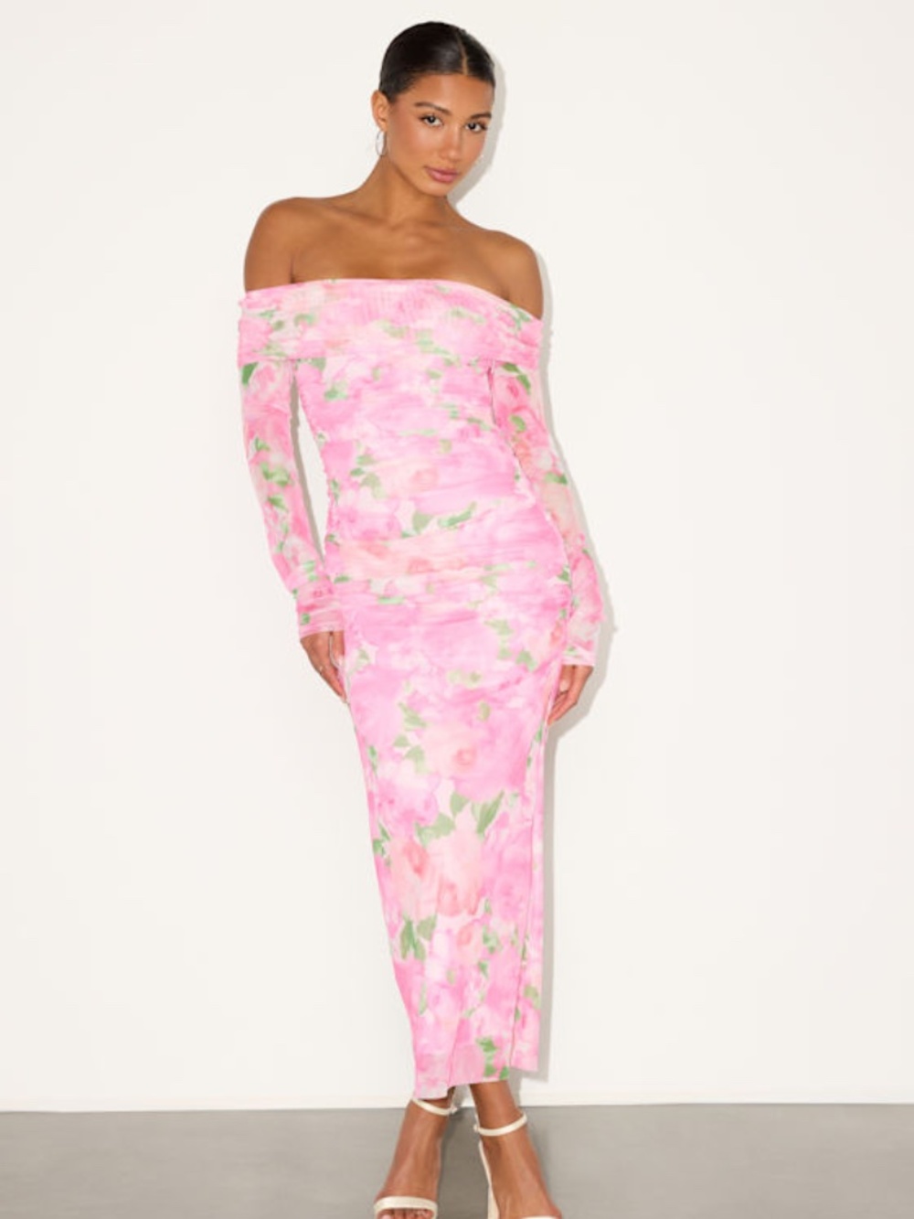 Lulus Amorette Pink Floral Mesh Off-the-shoulder Maxi Dress - Size M